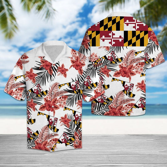 Maryland Flag With Red Hibiscus In White Hawaiian Shirt, Hawaiian Shirt Gift, Christmas Gift