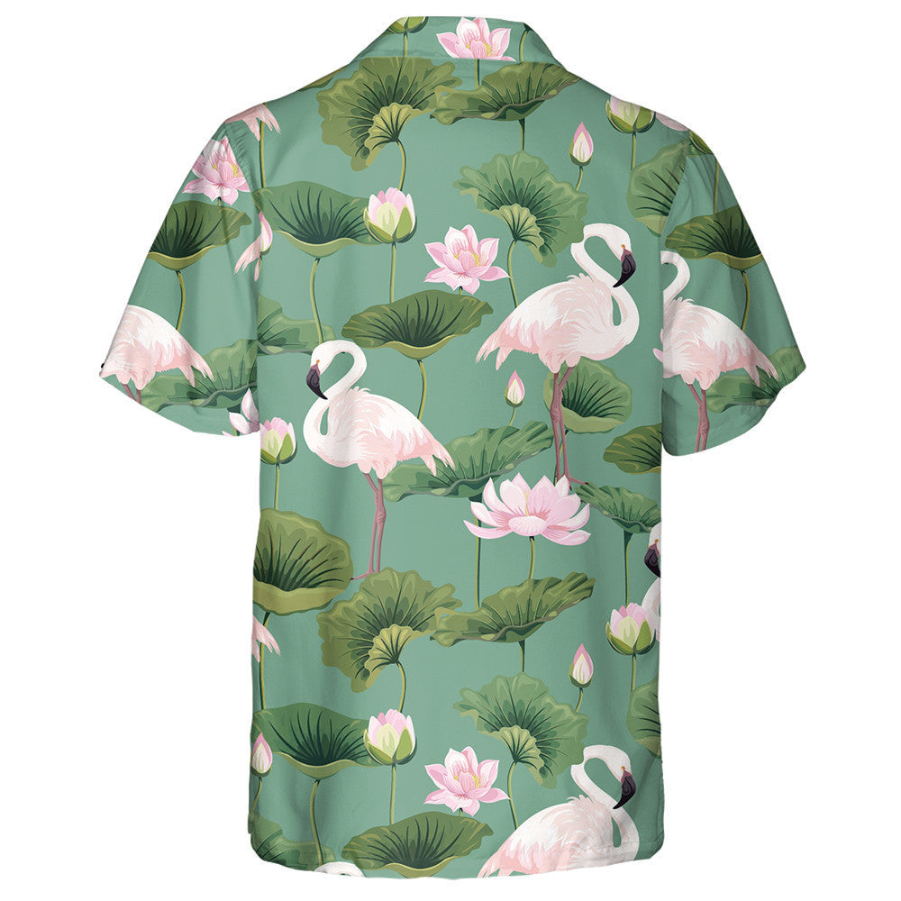 White Beautiful Flamingo With Lotus Pond Hawaiian Shirt, Hwaiian For Gift