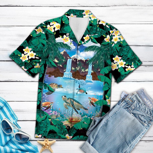 Duilleoga pailme Turtar Uafásach Laethanta Saoire Samhraidh Hibiscus ar Théama Léine Haváís, Bronntanas Léine Haváís, Bronntanas Nollag