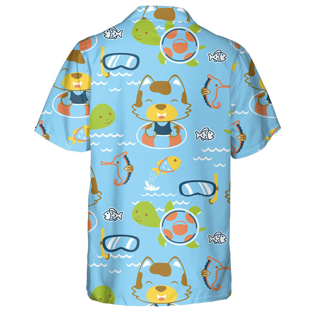Cute Animals Cartoon Swimming Turtle And Cat Hawaiian Shirt, Hawaiian Shirt Gift, Christmas Gift