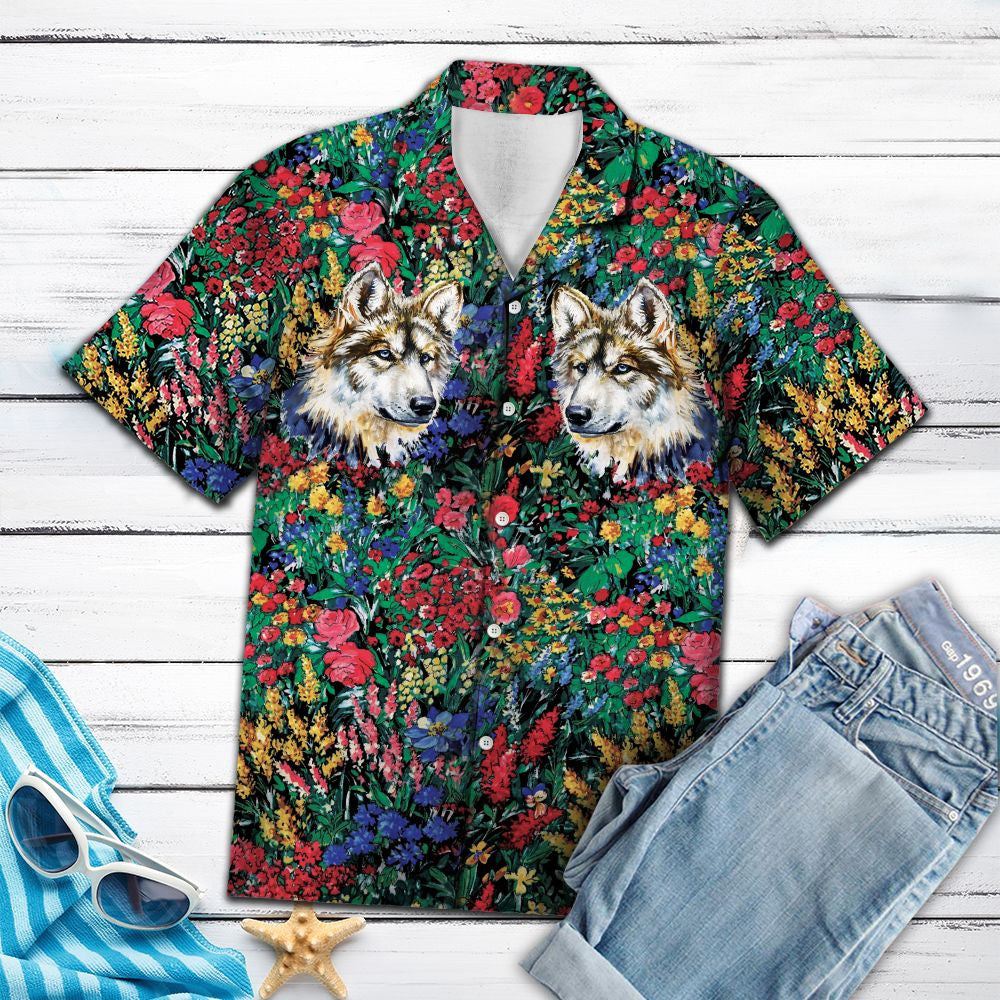 Wolf In Vivid Flower Field Hawaiian Shirt, Hwaiian For Gift