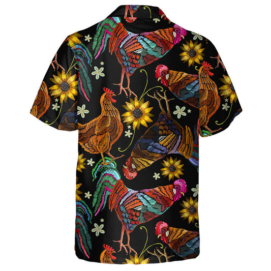 Multicolored Embroidery Chicken Rooster And Sunflowers Hawaiian Shirt,Hawaiian Shirt Gift, Christmas Gift