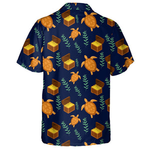 Sea Turtles And Treasure Chest On Dark Blue Background Hawaiian Shirt, Hawaiian Shirt Gift, Christmas Gift