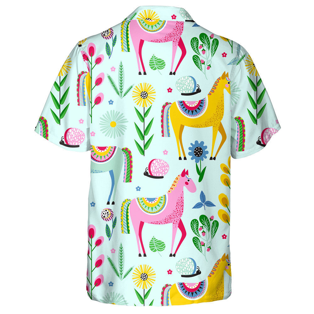 Multicolor Horses And Flowers On A Blue Background Hawaiian Shirt, Hawaiian Shirt Gift, Christmas Gift