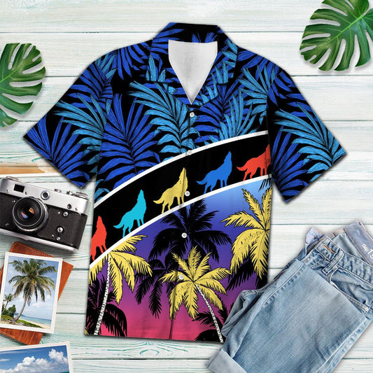 Vacation Tropical Coconut Palm Wolf Howl Pattern Hawaiian Shirt, Hawaiian Shirt Gift, Christmas Gift