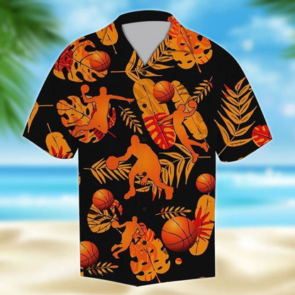 Basketball Tropical Leave Black And Orange Theme Hawaiian Shirt, Hawaiian Shirt Gift, Christmas Gift