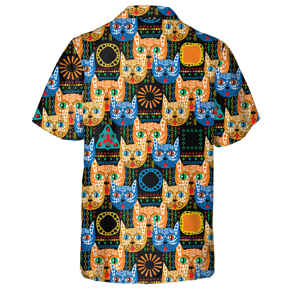 Colorful Ethnic Style Cats Geometric Ornamental Hawaiian Shirt, Hawaiian Shirt Gift, Christmas Gift