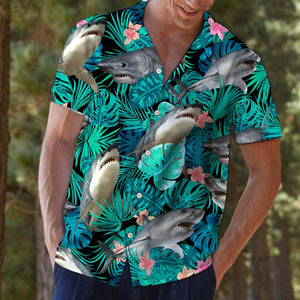 Angry Shark Tropical Jungle Design Hawaiian Shirt, Hawaiian For Gift