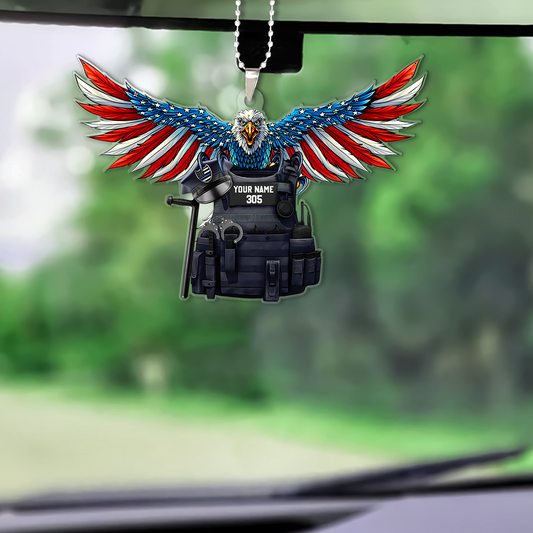 Personalized Eagle Thin Blue Line Flag Bulletproof Police Shaped Flat Acrylic Car Ornament, Christmas Decoration