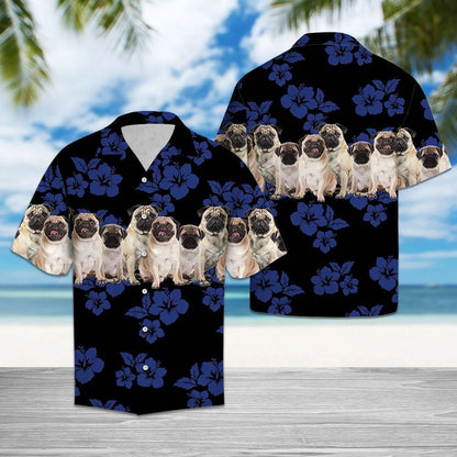 Lovely Pug With Blue Hibiscus In Black Hawaiian Shirt, Hawaiian Shirt Gift, Christmas Gift