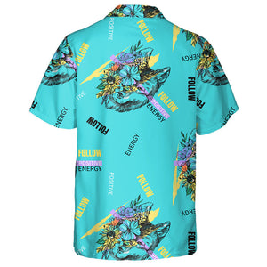 Flowers And Wolf's Head On Turquoise Hawaiian Shirt,Hawaiian Shirt Gift, Christmas Gift