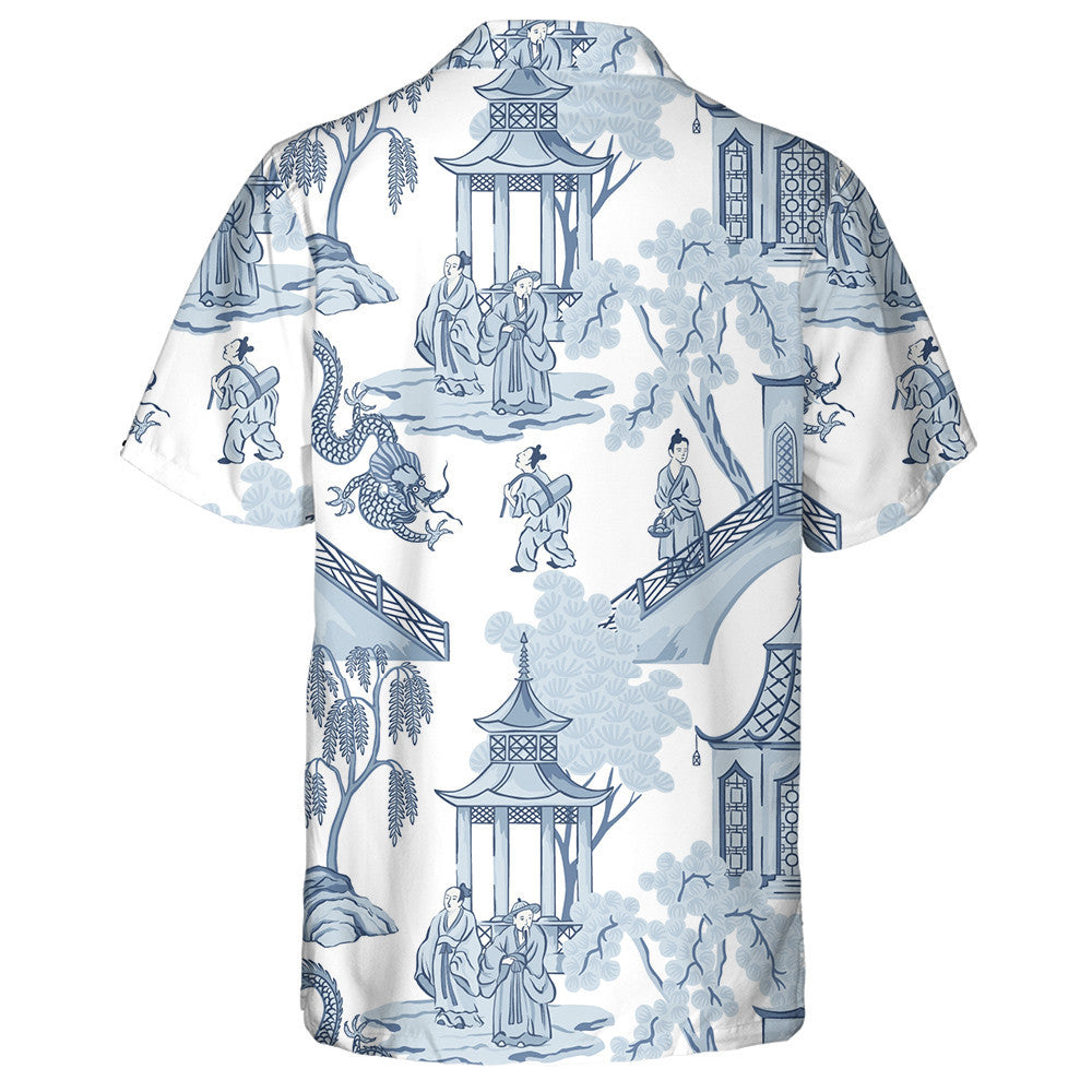Vintage Chinese Pagoda Dragons On White Background Hawaiian Shirt, Hawaiian Shirt Gift, Christmas Gift