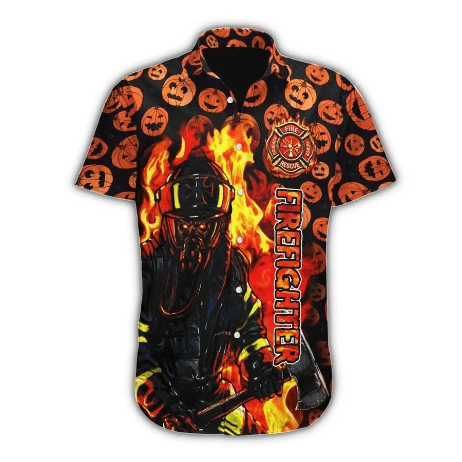 Firefighter And Pumpkin Halloween Ornamental Hawaiian Shirt,Hawaiian Shirt Gift, Christmas Gift