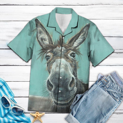 Happy Donkey Portrait On Blue Themed Hawaiian Shirt, Hawaiian For Gift