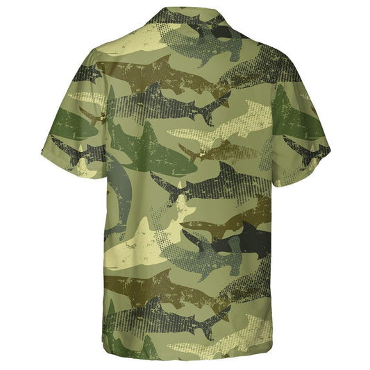 Grunge Style Green Camouflage Shark Pattern Hawaiian Shirt,Hawaiian Shirt Gift, Christmas Gift