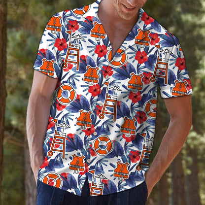 Lifeguard Equipment And Palm Tree Flower Pattern Hawaiian Shirt, Hawaiian Shirt Gift, Christmas Gift