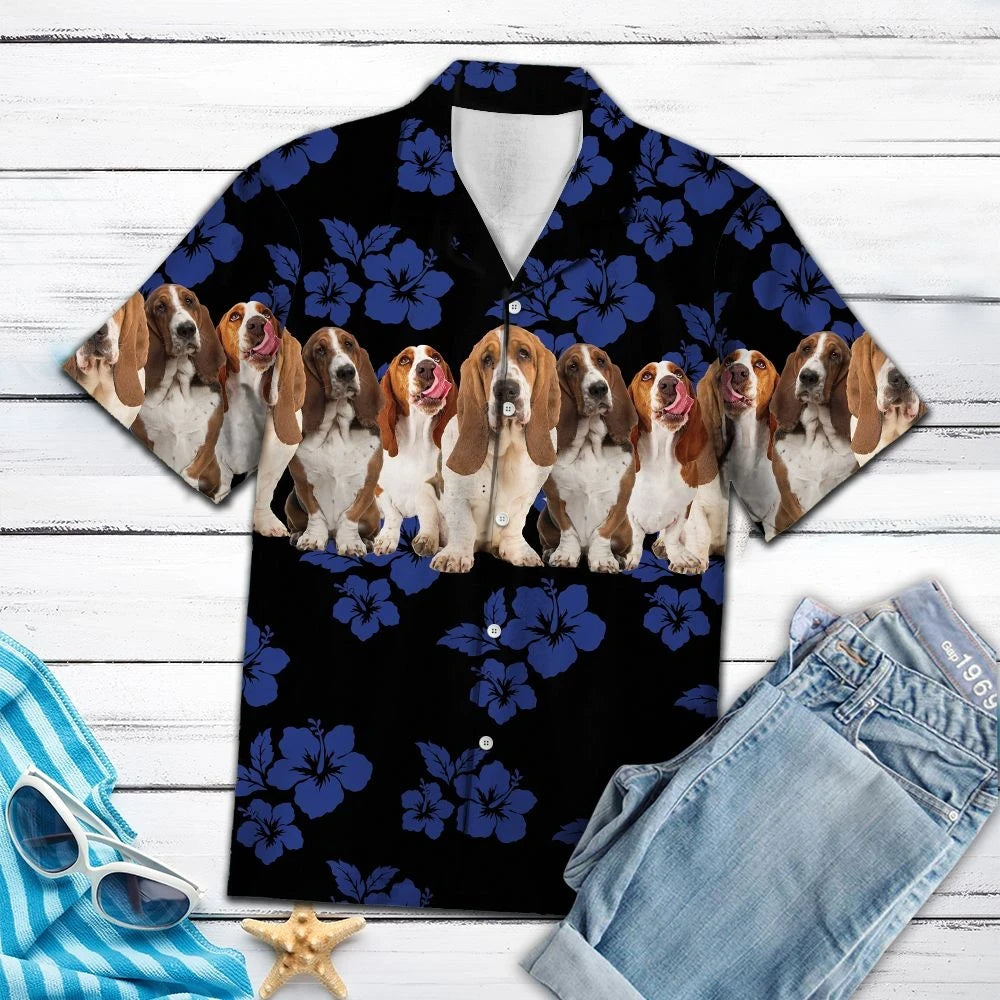 Hibiscus Trópaiceach Cú Basset Iontach ar Léine Haváí le Patrún Dubh, Bronntanas Léine Haváíais, Bronntanas Nollag