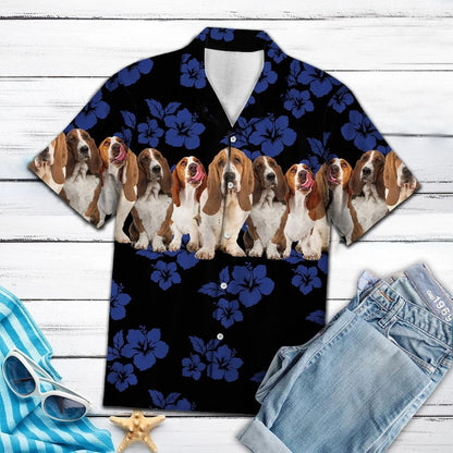 Hibiscus Trópaiceach Cú Basset Iontach ar Léine Haváí le Patrún Dubh, Bronntanas Léine Haváíais, Bronntanas Nollag