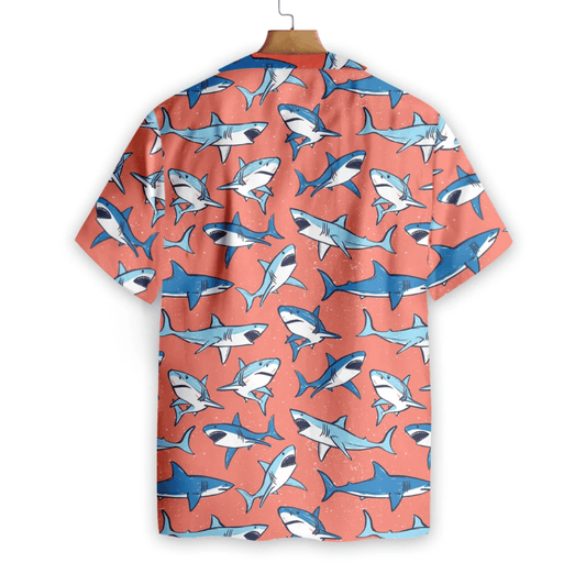 Shark On Orange Background Pattern Hawaiian Shirt,Hawaiian Shirt Gift, Christmas Gift