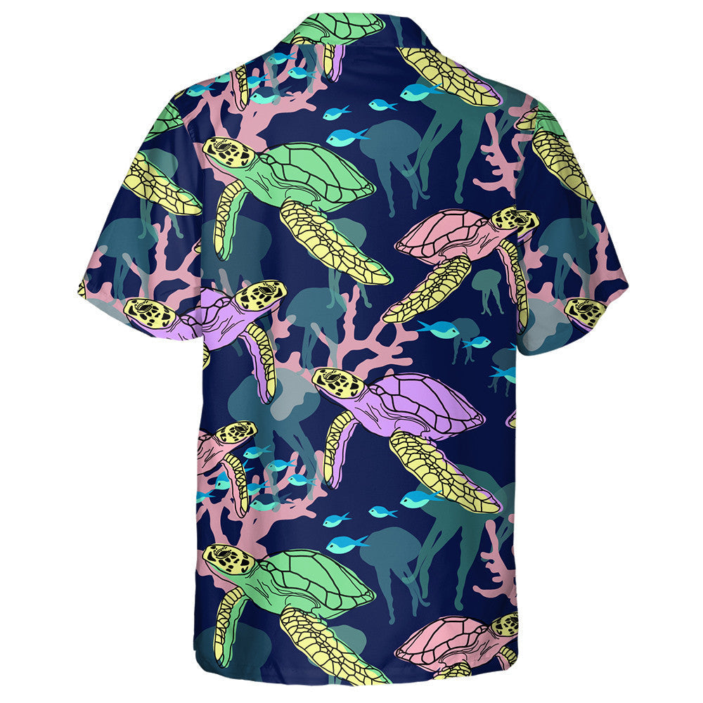 Exotic Marine Neon Turtle And Coral Illustration Hawaiian Shirt, Hawaiian Shirt Gift, Christmas Gift