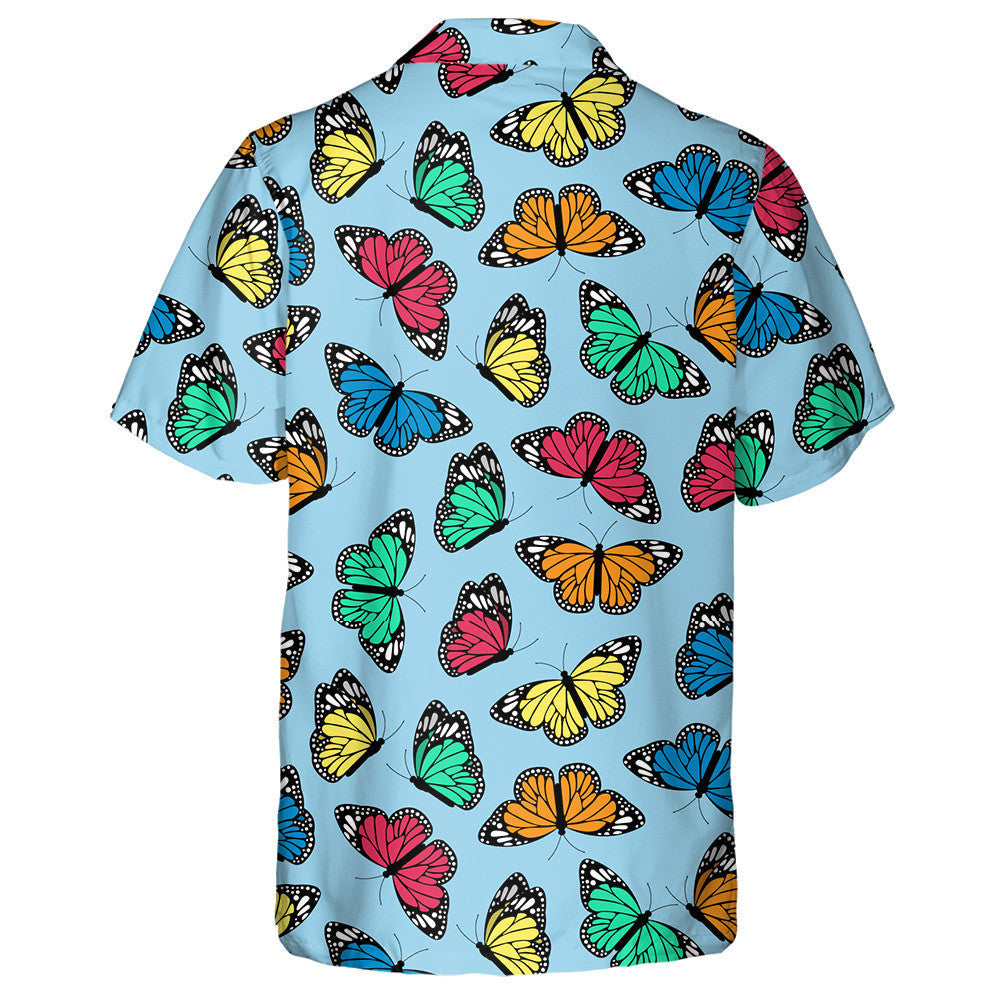 Flying Multicolored Butterflies On A Blue Background Hawaiian Shirt, Hawaiian Shirt Gift, Christmas Gift