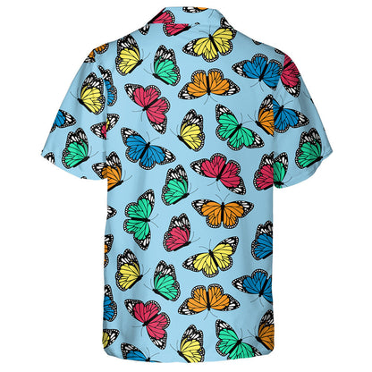 Flying Multicolored Butterflies On A Blue Background Hawaiian Shirt, Hawaiian Shirt Gift, Christmas Gift