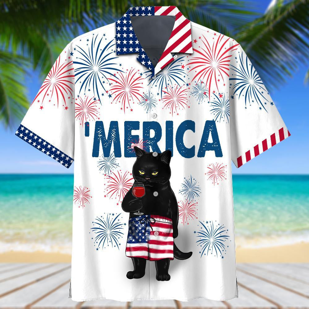Black Cat Drink Wine Design Hawaiian Shirt, Hawaiian For Gift