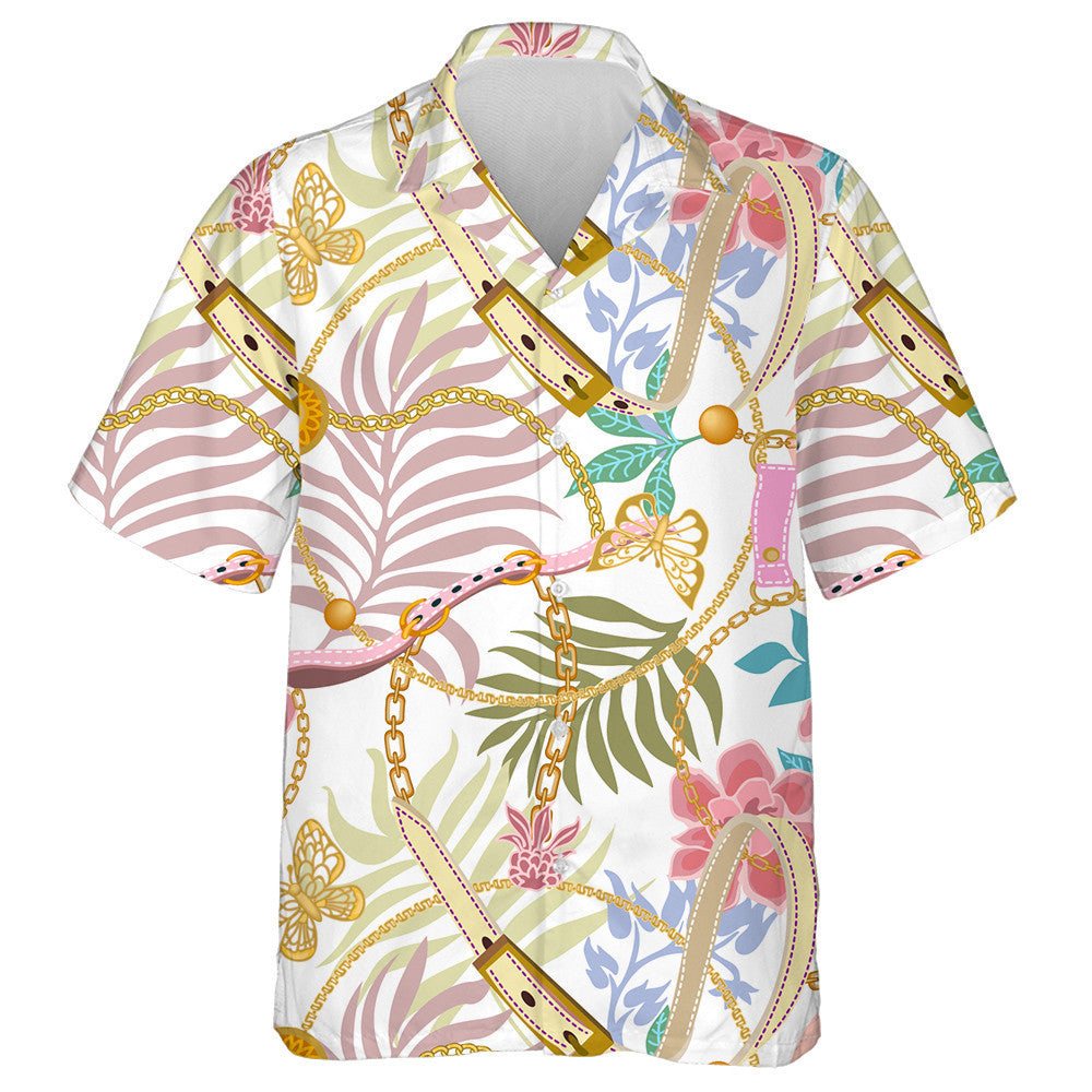 Theme Golden Butterflies Chains And Palm Leaves Hawaiian Shirt, Hawaiian Shirt Gift, Christmas Gift