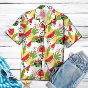 Juicy Watermelon Slices Green Leaves Hawaiian Shirt, Hawaiian For Gift