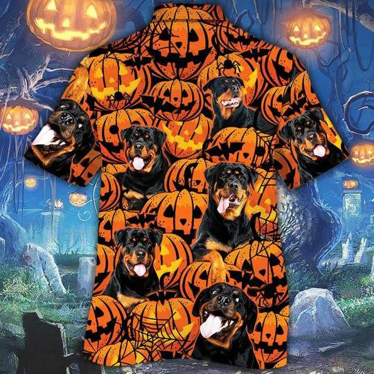 Playful Rottweiler Dog Lover Halloween Pumpkin Hawaiian Shirt,Hawaiian Shirt Gift, Christmas Gift
