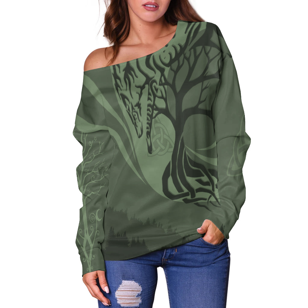 Crann na Beatha Ceilteach le Corrán Geansaí Wolf Spirit Off Shoulder Geansaí Crann Bethadh, Geansaí Gránna Nollag, Bronntanas Nollag, Bronntanas Nollag 2024