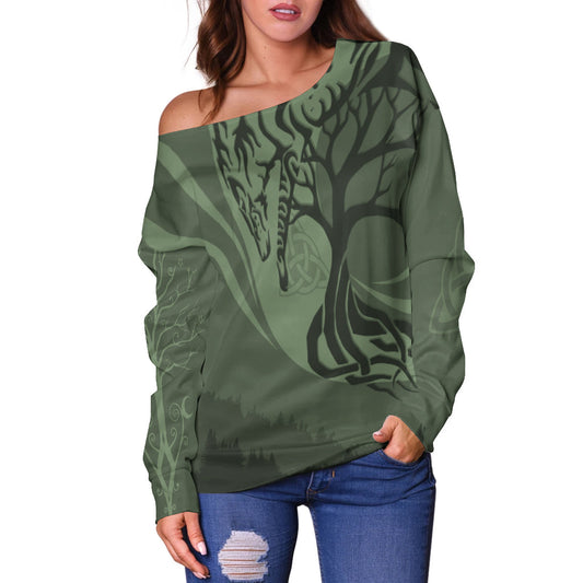 Crann na Beatha Ceilteach le Corrán Geansaí Wolf Spirit Off Shoulder Geansaí Crann Bethadh, Geansaí Gránna Nollag, Bronntanas Nollag, Bronntanas Nollag 2024