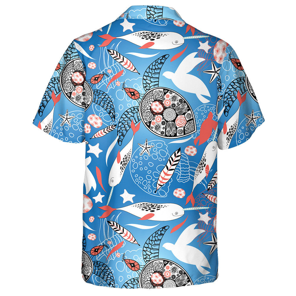 Sea Turtles And Whales On A Blue Background Hawaiian Shirt, Hawaiian Shirt Gift, Christmas Gift