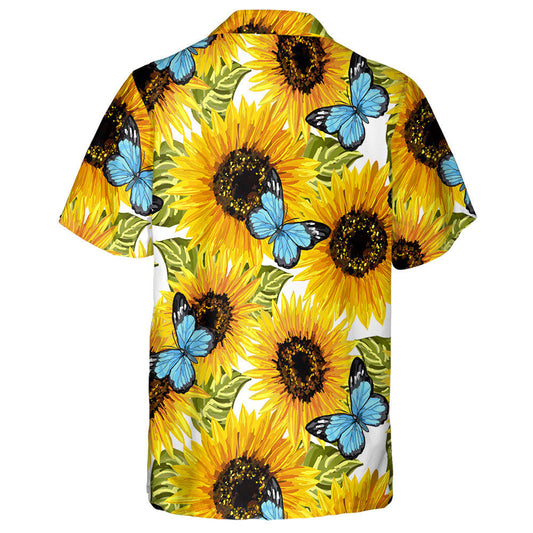 Artistic Blue Butterflies And Sunflowers Artwork Pattern Hawaiian Shirt, Hawaiian Shirt Gift, Christmas Gift