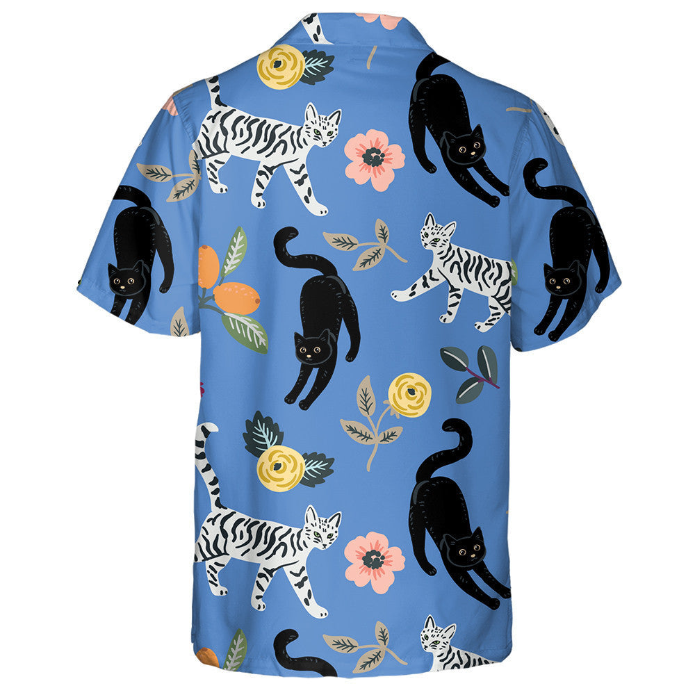 Cute Cats Ad Floral On Blue Background Hawaiian Shirt, Hawaiian Shirt Gift, Christmas Gift