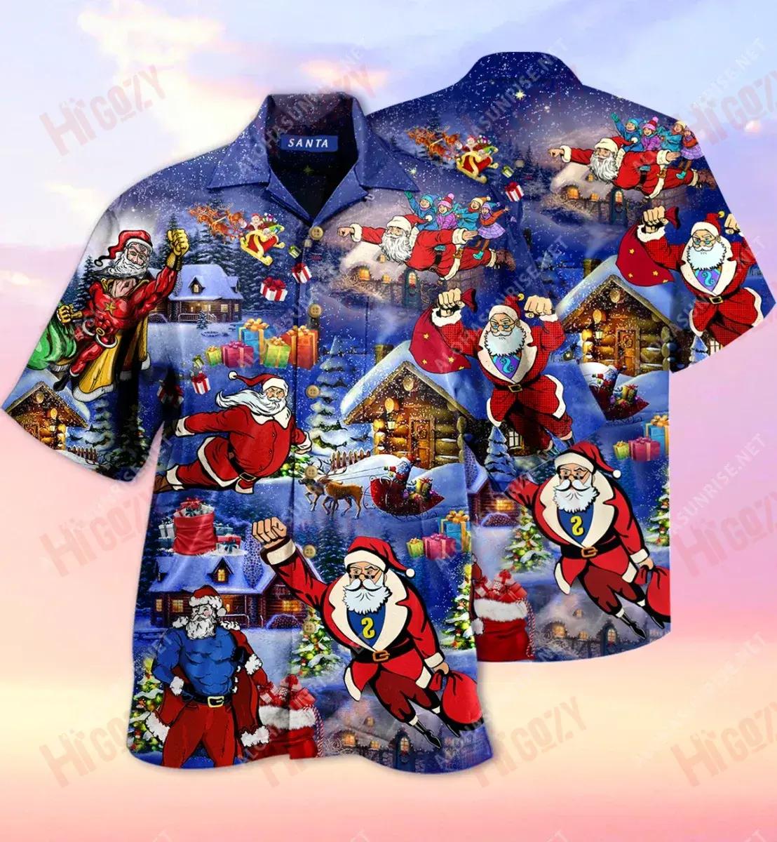 Flying Super Santa Unisex Short Short Sleeve Shirt Hobbies Hawaiian T Shirts Vintage Hawaiian Shirts Hawaiian Shirt Pattern, Hawaiian Shirt Gift, Christmas Gift