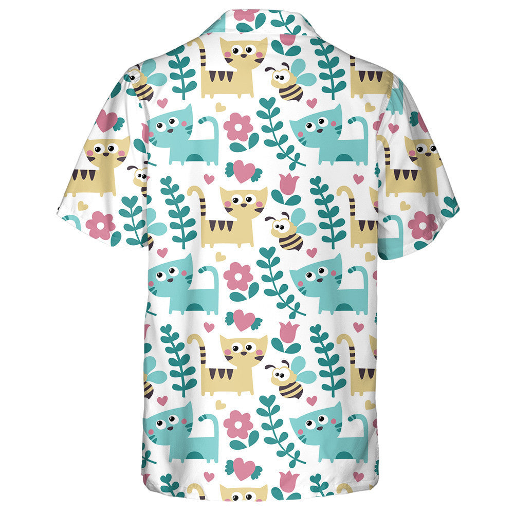 Bee Cats Flowers Plants And Heart Hawaiian Shirt, Hawaiian For Gift