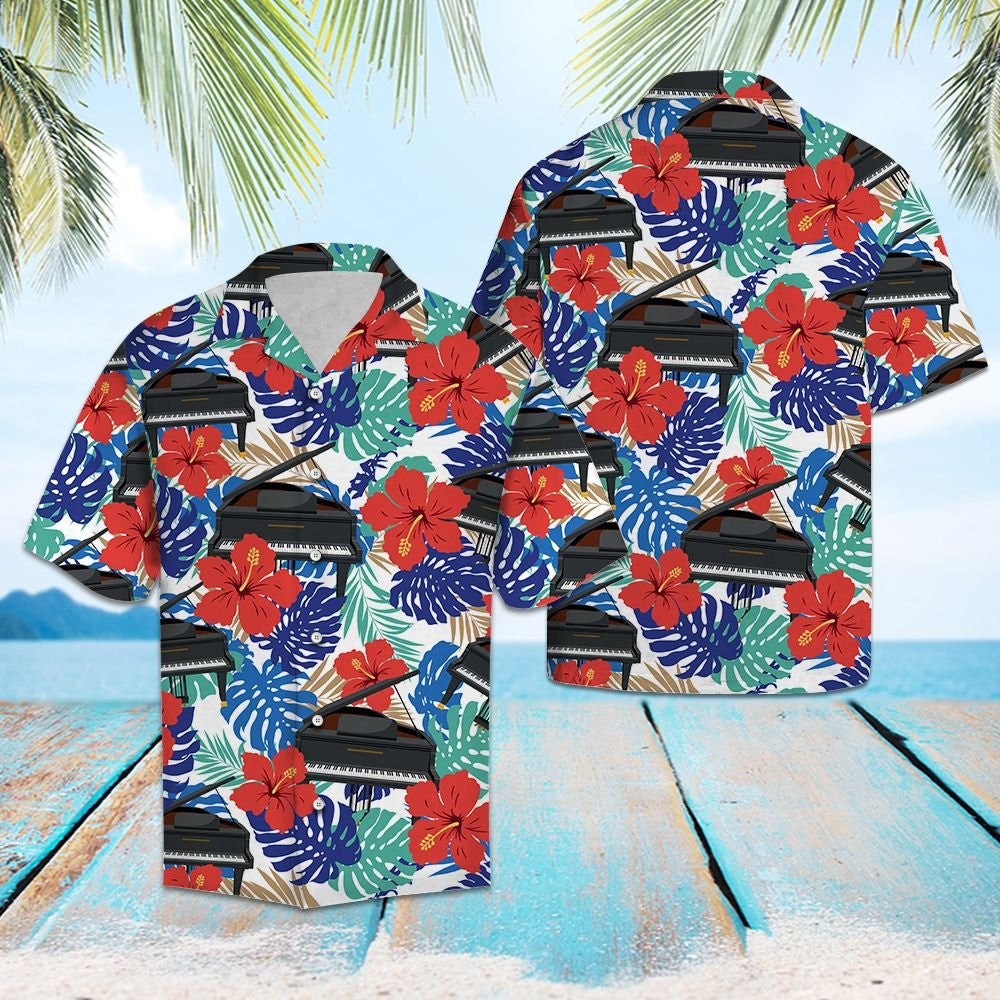 Pianó le Hibiscus Dearga Agus Duilleoga Trópaiceacha Dear Léine Haváí, Bronntanas Léine Haváíais, Bronntanas Nollag