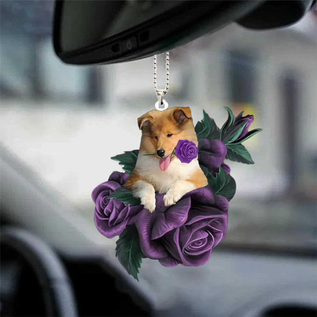 Rough Collie In Purple Rose Car Hanging Ornament, Christmas Decoration