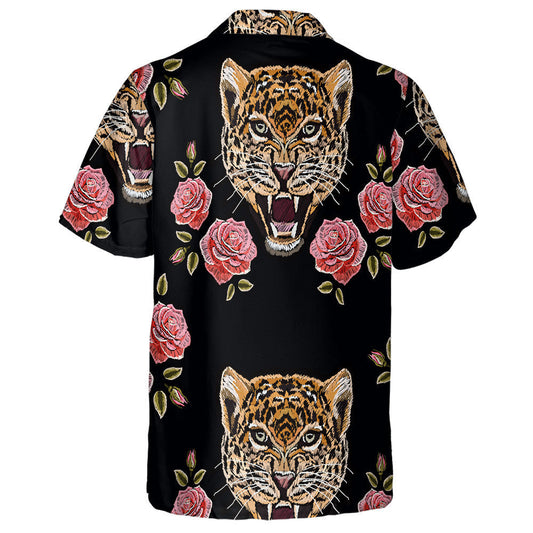 Colorful Floral Embroidery With Roses And Leopards Hawaiian Shirt, Hawaiian Shirt Gift, Christmas Gift