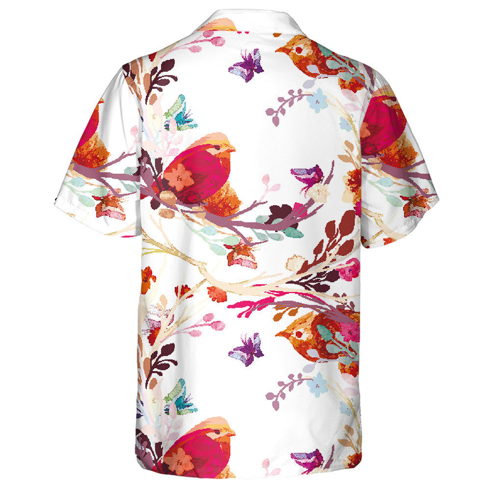 Bird Perched On Branch Seeing Butterfly Hawaiian Shirt, Hawaiian For Gift