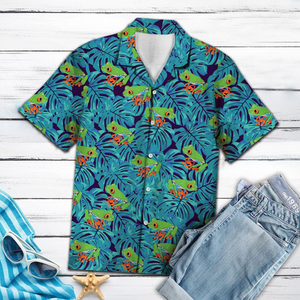 Duilleoga pailme Tropical Frog Glas Laethanta Saoire Samhraidh Téamacha Léine Haváise, Bronntanas Léine Haváís, Bronntanas Nollag