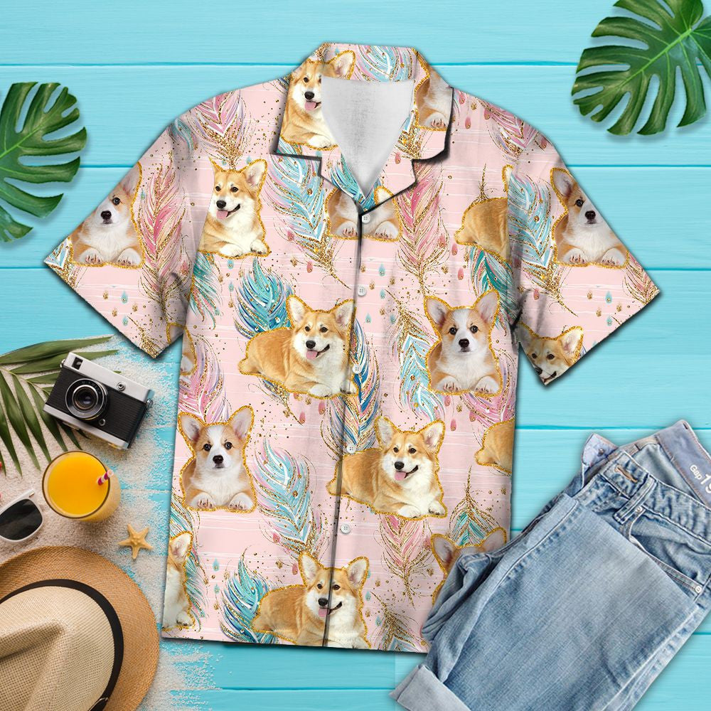 Lovely Pembroke Welsh Corgi Boho Feather Pattern Hawaiian Shirt, Hawaiian Shirt Gift, Christmas Gift
