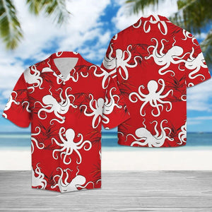 White Octopus In Red Pattern Hawaiian Shirt, Hwaiian For Gift