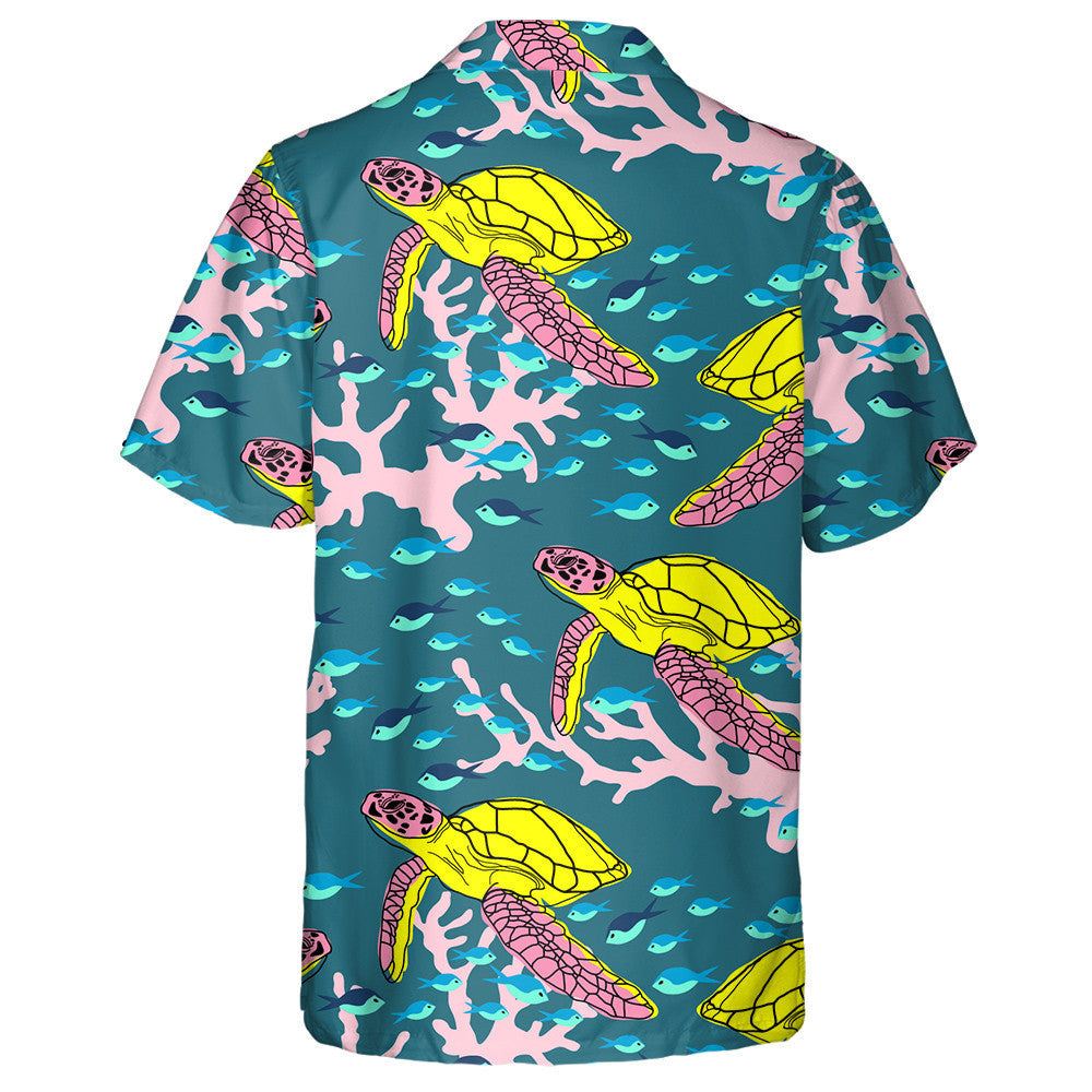 Exotic Marine Turtle And Coral Illustration Hawaiian Shirt,Hawaiian Shirt Gift, Christmas Gift