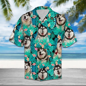 Alaskan Malamute With Tropical Flowers And Leaves Design Hawaiian Shirt, Hawaiian Shirt Gift, Christmas Gift