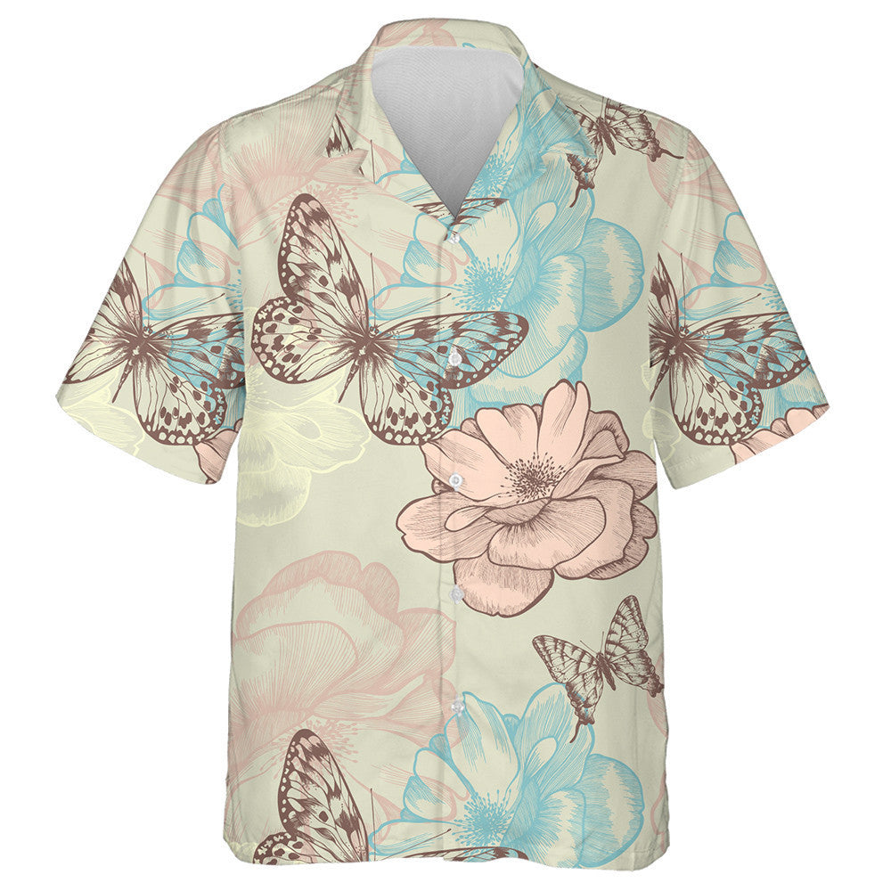Theme Floral With Roses And Butterflies Hawaiian Shirt,Hawaiian Shirt Gift, Christmas Gift