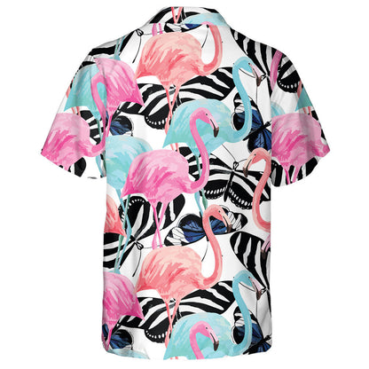 Watercolor Cute Flamingo On Butterfly Background Hawaiian Shirt, Hwaiian For Gift