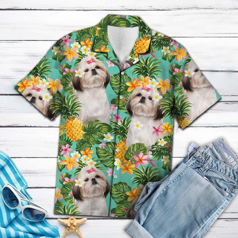 Tropical Flowers And Pineapple Shih Tzu Hawaiian Shirt,Hawaiian Shirt Gift, Christmas Gift