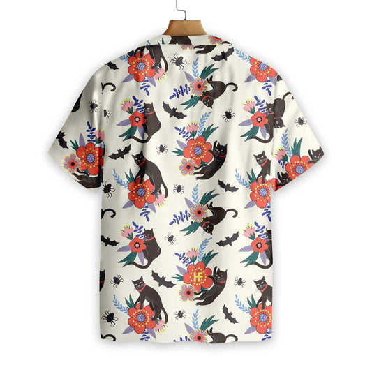 Black Bats And Cats On White Dramatic Hawaiian Shirt, Hawaiian Shirt Gift, Christmas Gift